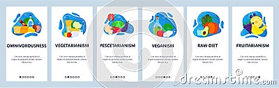 Different types of diet. Vegetarian, vegan, fruitarian, pescetarian. Food nutrition. Mobile app screens. Vector banner Vector Illustration