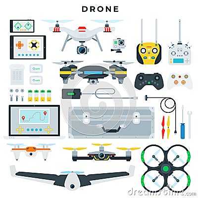 Different types of drones and their control tools, side and top view. Quadcopter and all necessary accessories. Vector Vector Illustration