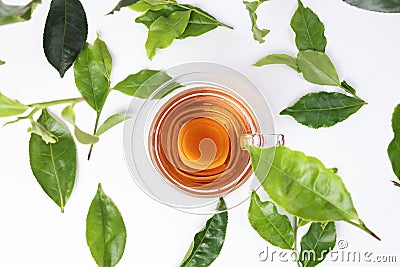 Different types of fresh raw green tea leaf flower bud dropping floating elevated over transparent glass teacup saucer liquid tea Stock Photo