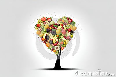 Arrange of fruits forming the shape of a tree, on white background. Stock Photo