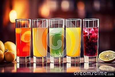 Different types of fruits juices in glasses, copy space. Well-being, balanced diet nutrient-rich and vitamins. Generative AI Stock Photo