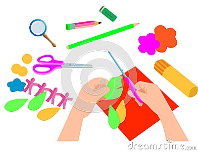 Set of different types handmade crafts. Painting, origami, candles making Vector Illustration