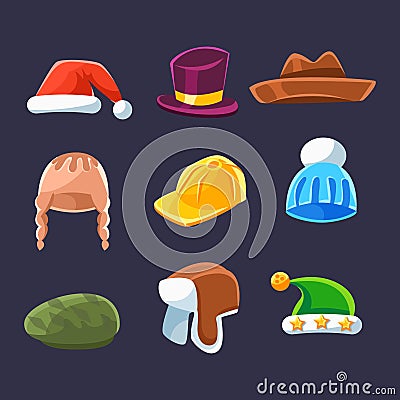 Different Types Of Hats And Caps, Warm And Classy For Kids And Adults Serie Of Cartoon Colorful Vector Clothing Items Vector Illustration