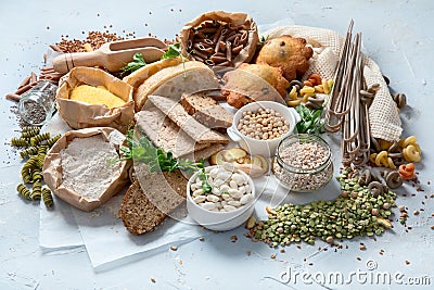 Different types of high carbohydrate food Stock Photo