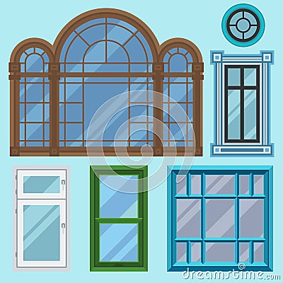 Different types house windows elements flat style frames construction decoration apartment vector illustration. Vector Illustration