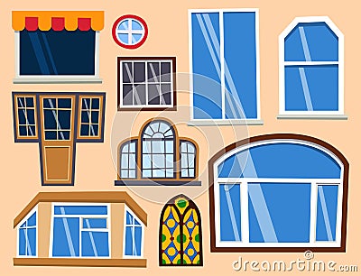 Different types house windows elements flat style frames construction decoration apartment vector illustration. Vector Illustration