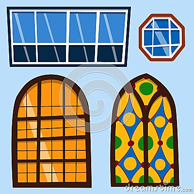 Different types house windows elements flat style frames construction decoration apartment vector illustration. Vector Illustration