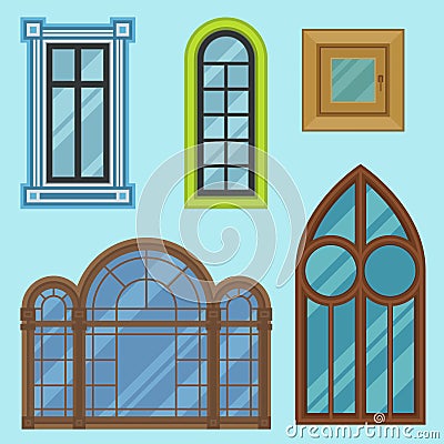 Different types house windows elements flat style frames construction decoration apartment vector illustration. Vector Illustration