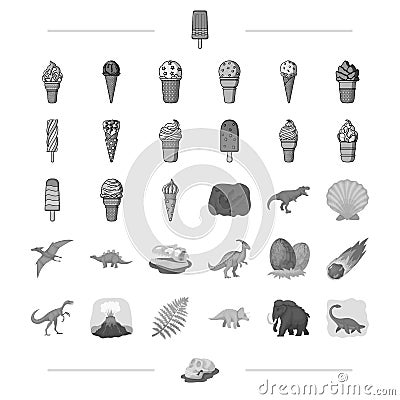 Different types of ice cream and other web icon in monochrome style.. Dinosaurs, Jurassic period icons in set collection Vector Illustration