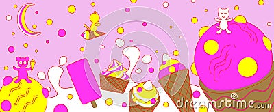 Different types of ice cream wiht with cats and a bear in cartoon style on pink background. Stock Photo