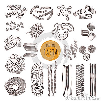 Different types of italian pasta. Hand draw vector illustrations Vector Illustration
