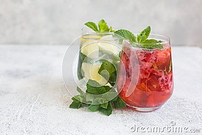 Different types of lemonade, classic, strawberry, cucumber. Summer refreshing drinks. Stock Photo