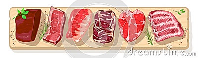 Different types of meat with greenery on chopping wooden board beef, pog, mutton, lamb, veal. Vector Illustration