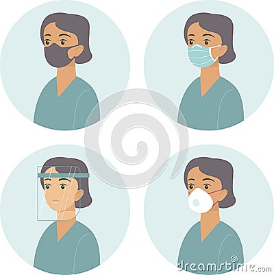 Different types of medical protective face gear Vector Illustration
