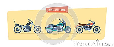 Different types of modern motorcycles: sports, biker motorcycle, classic. Vector Illustration