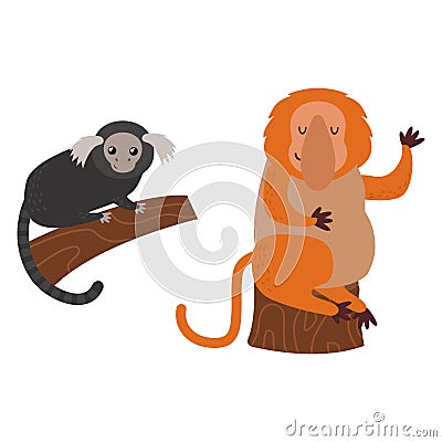 Different types of monkeys rare animal vector set. Vector Illustration