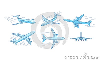 Different types of moving blue passanger airplanes over white background Vector Illustration