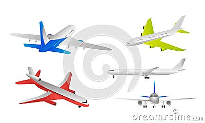 Different types of moving colorful passanger airplanes over white background Vector Illustration
