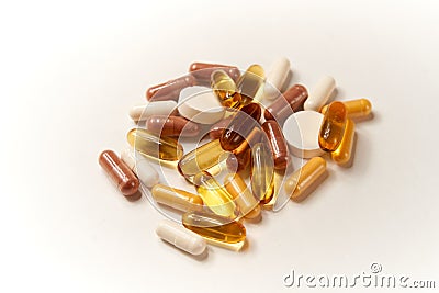 Different types of pills and tablets on clean background Stock Photo