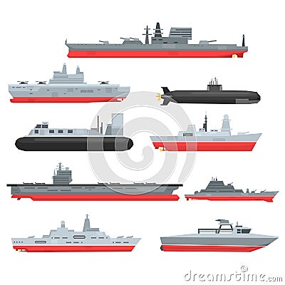 Different types of naval combat ships set, military boats, ships, frigates, submarine vector Illustrations Vector Illustration