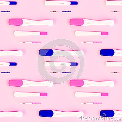 Different types of new pregnancy tests repeat seamless pattern on light pink background. Stock Photo