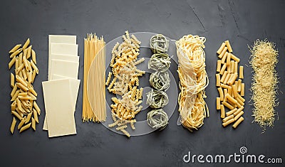 Different types of pasta from durum wheat varieties for cooking Mediterranean dishes Stock Photo