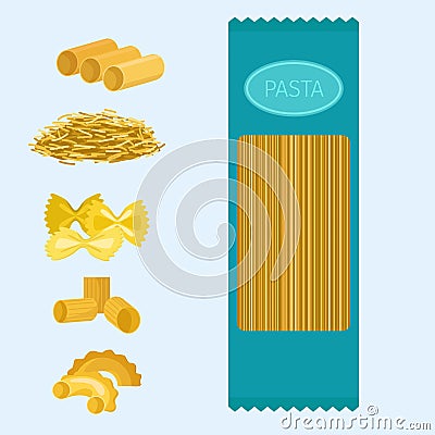 Different types of pasta whole wheat corn rice noodles organic food macaroni yellow nutrition dinner products vector Vector Illustration