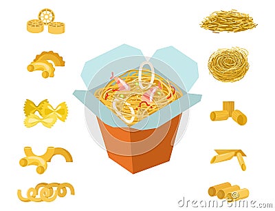 Different types of pasta whole wheat corn rice noodles organic food macaroni yellow nutrition dinner products vector Vector Illustration