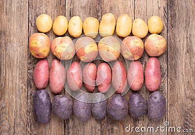 Different types of potatoes on wooden rustic table Stock Photo