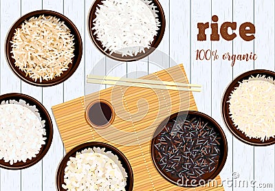 Different types of rice in bowls on white wooden background Basmati, wild, jasmine, long brown, arborio, sushi. chopsticks. Kitche Cartoon Illustration