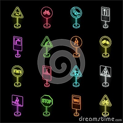 Different types of road signs neon icons in set collection for design. Warning and prohibition signs vector symbol stock Vector Illustration