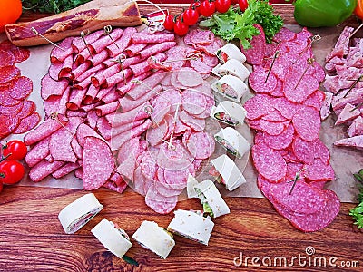 Different types of salami slices and bacon Stock Photo