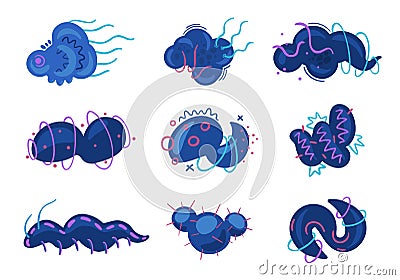 Different types of viruses. Strange biological creatures. Types of bacteria microbiology. Observation through a Vector Illustration