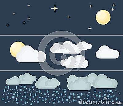 Different types of weather. Night and winter. Flat vector illustration. Symbols and icons of weather topic. Vector Illustration