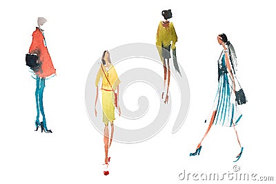 Different types of women top trends in fashion Watercolor illustration Quick sketch drawing. Cartoon Illustration