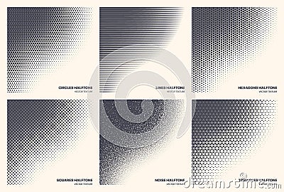 Different Variations Halftone Texture Set Vector Abstract Geometric Isolated Curved Border Vector Illustration