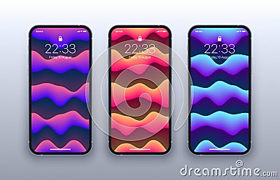 Different Variations Of Vivid Fluid Smooth Shapes Wallpapers Set On Photorealistic Smartphone Screen Vector Illustration