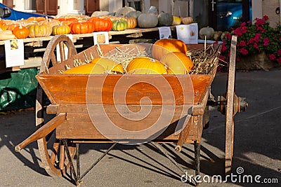 Pumpkins. Wagon. Autumn. Color. Outdoor Stock Photo