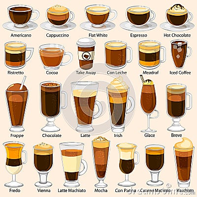 Different variety of coffee beverage drink Vector Illustration
