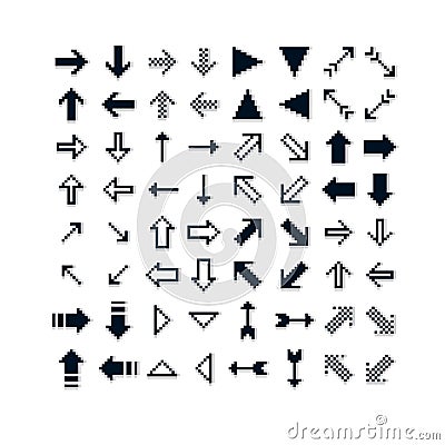 Different vector arrows, pixel icons isolated, collection of 8bit graphic elements. Simplistic digital direction signs, web icons. Vector Illustration