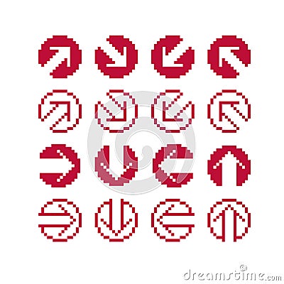 Different vector arrows, pixel icons isolated, collection of 8bit graphic elements. Simplistic digital direction signs, web icons. Vector Illustration