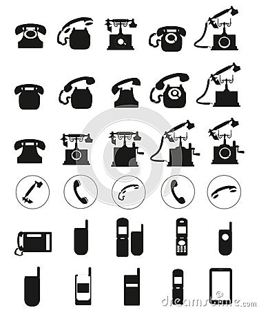 Different Vector black telephone icons set on white background. Vector Illustration