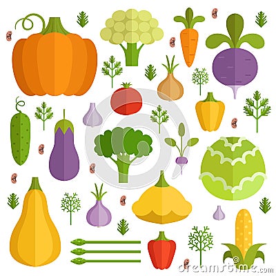 Different vegetables in cartoon style. Vector icons set Vector Illustration