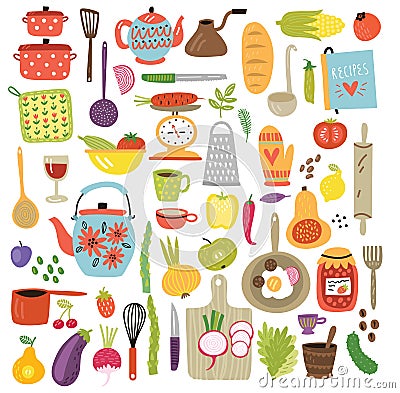 Different vegetables and kitchen objects Vector set Vector Illustration