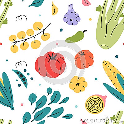 Different veggies seamless vector pattern of hand drawn fresh tasty vegetarian raw food. Repeat wallpaper with cooking fresh tasty Stock Photo