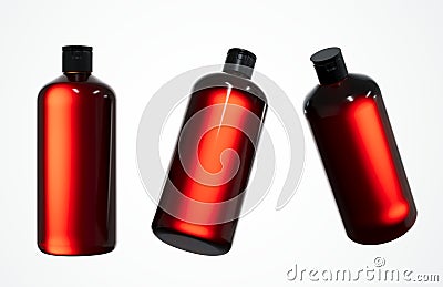 Different views of brown plastic shampoo bottle 3D render isolated on white background, cosmetic hair care product Stock Photo