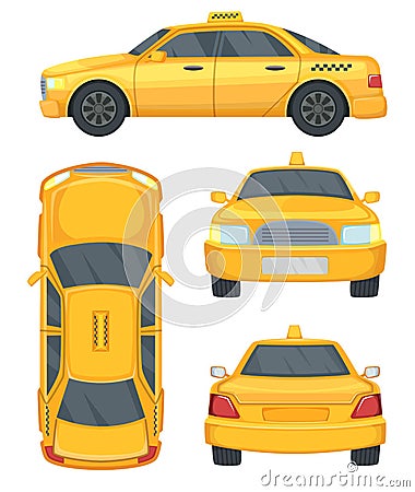 Different views of taxi yellow car. Automobile isolated on white, vector illustrations Vector Illustration