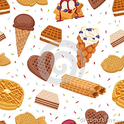 Different wafer cookies waffle cakes and chocolate delicious snack cream dessert crispy bakery food vector seamless Vector Illustration