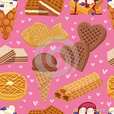 Different wafer cookies waffle cakes and chocolate delicious snack cream dessert crispy bakery food vector seamless Vector Illustration