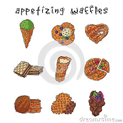 Different wafer cookies waffle cakes pastry cookie biscuit Vector Illustration